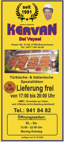 KERVAN IMBISS bei Veysel - Telefon 0471 941 84 82 - Oeffnungszeiten Di-So - Grazer Strasse in Bremerhaven - Seit ueber 25 Jahren der beste Doener der Stadt.